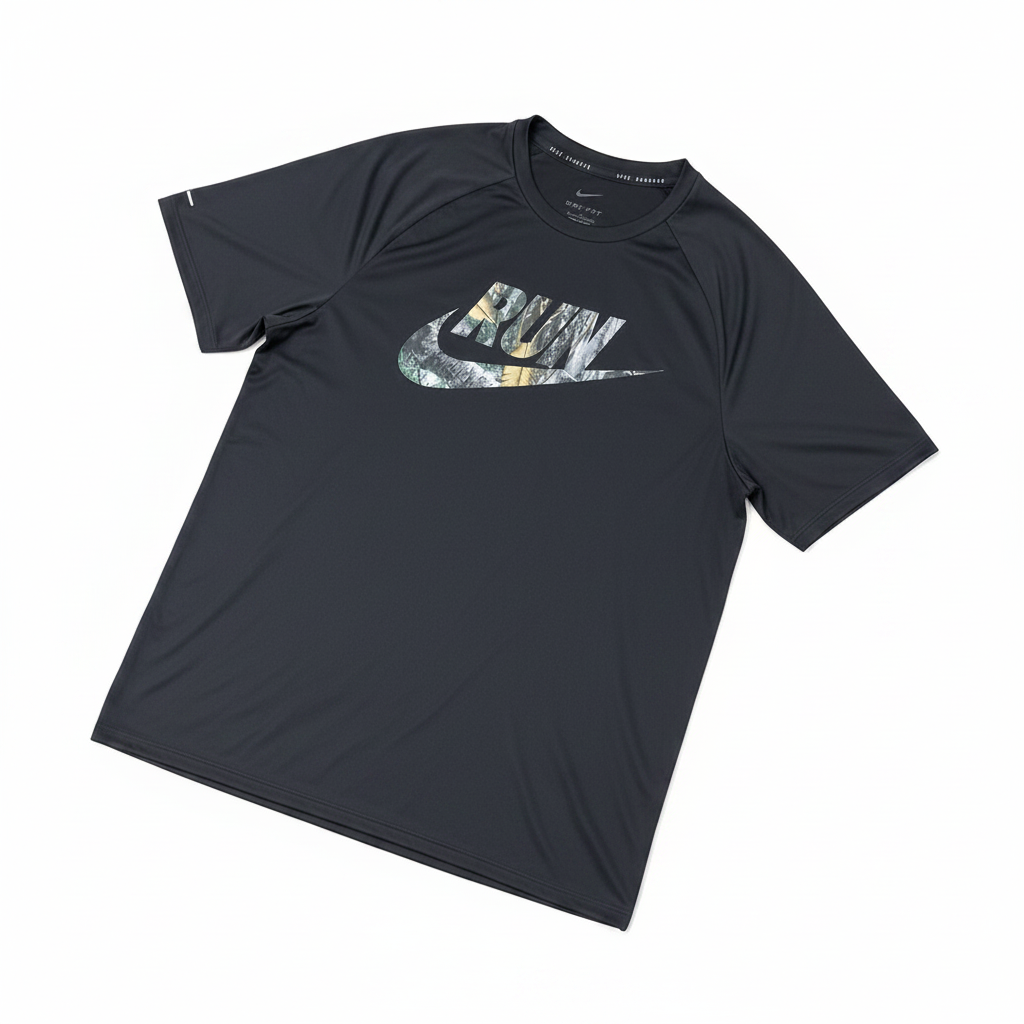 Nike Dri-FIT RUN Men's Graphic Running T-Shirt in black, flat lay on white background